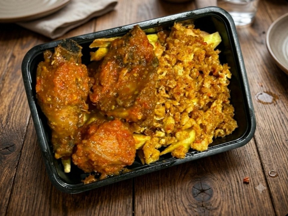 Potato and Egg Sauce with Peppered Chicken