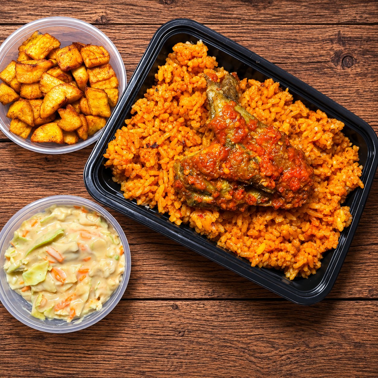 Jollof Rice, Peppered Chicken, Salad & Plantain
